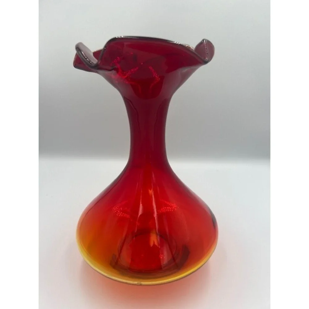 Vintage Amberina MCM Art Glass Ruffled Rim Vase Red Orange Blown Glass 10.5 In